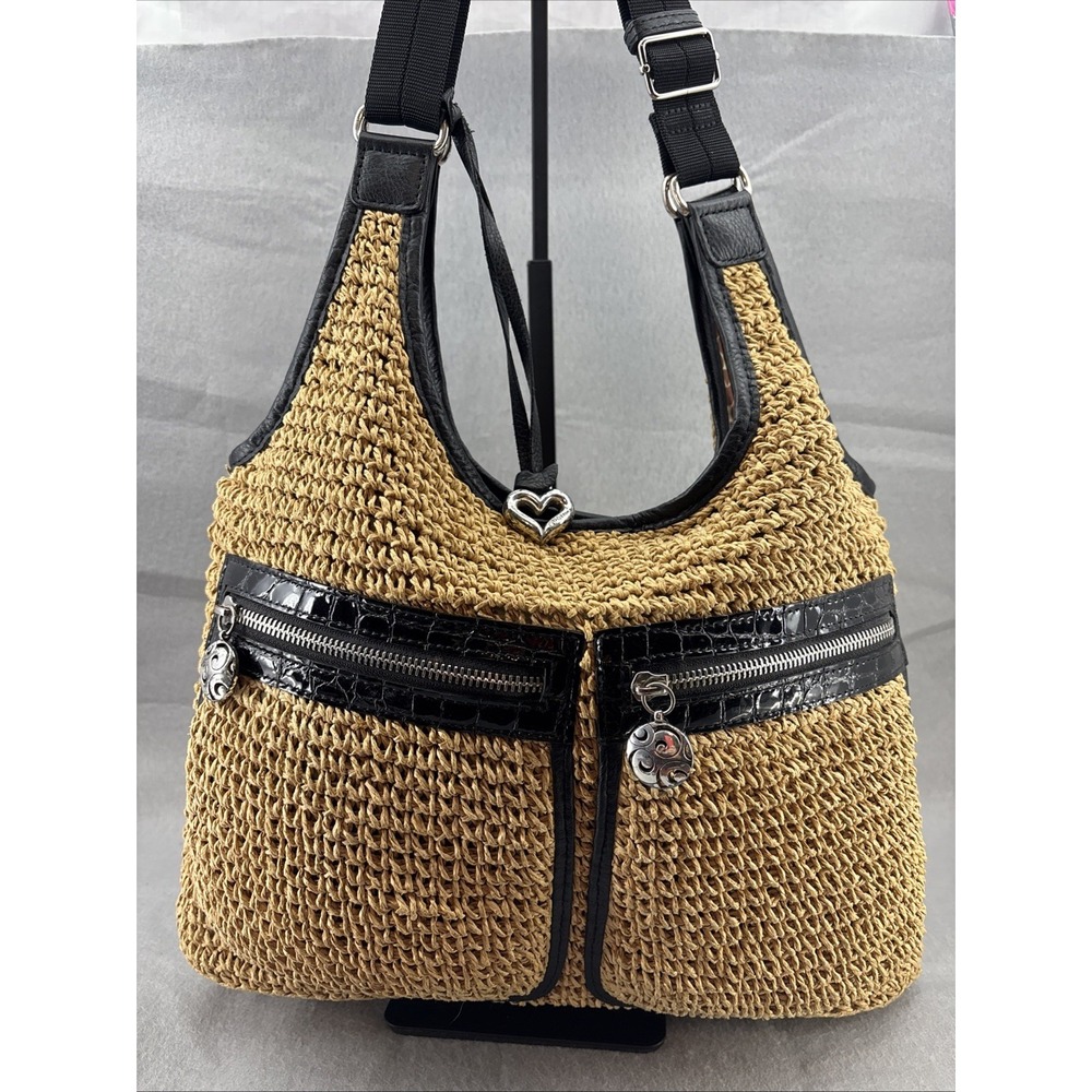 Brighton Large Woven Straw Hobo Crossbody Zip Leather Trim‎ Front Pockets EUC